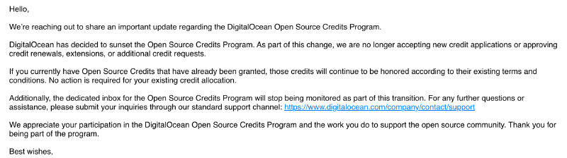 Email announcing the end of the DigitalOcean Open Source Credits Program